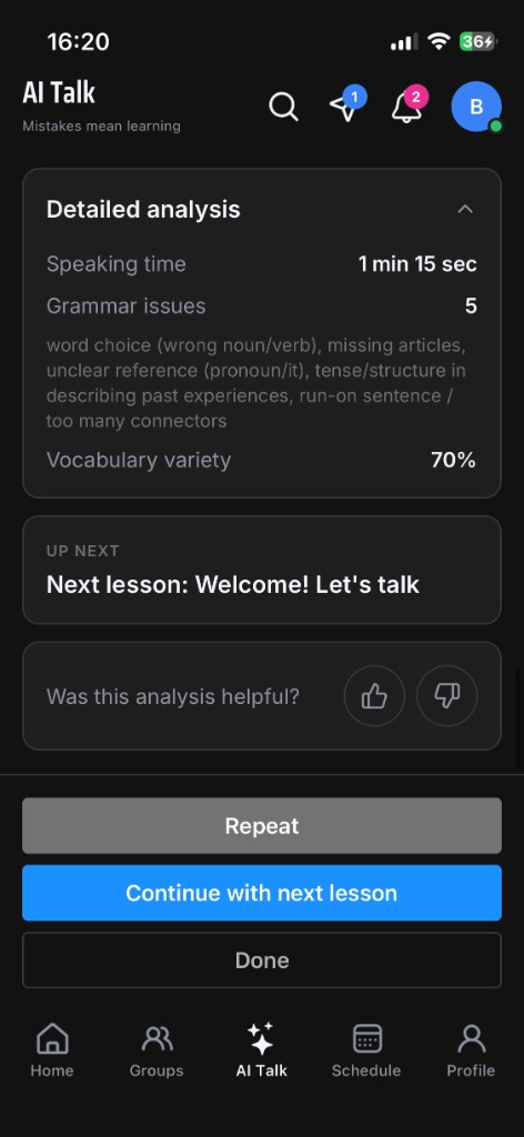Optional detail: speaking time, grammar notes, vocabulary variety, and whether the analysis helped.