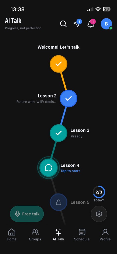 The AI Talk home path, with completed lessons, the next lesson ready to start, Free Talk, and today's 2 of 3 goal.