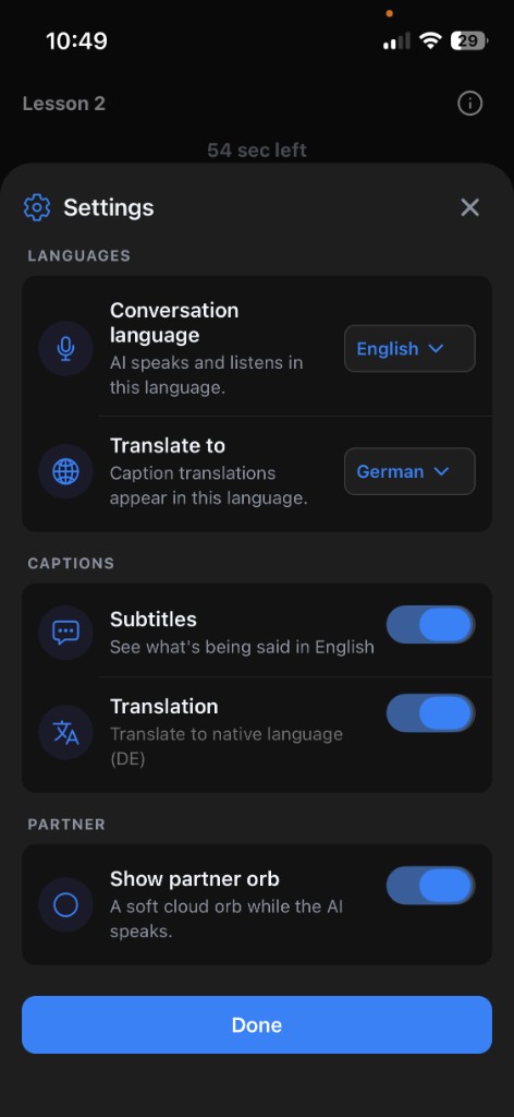 In-session settings: conversation language, translate-to language, subtitles, and translation, each on its own.