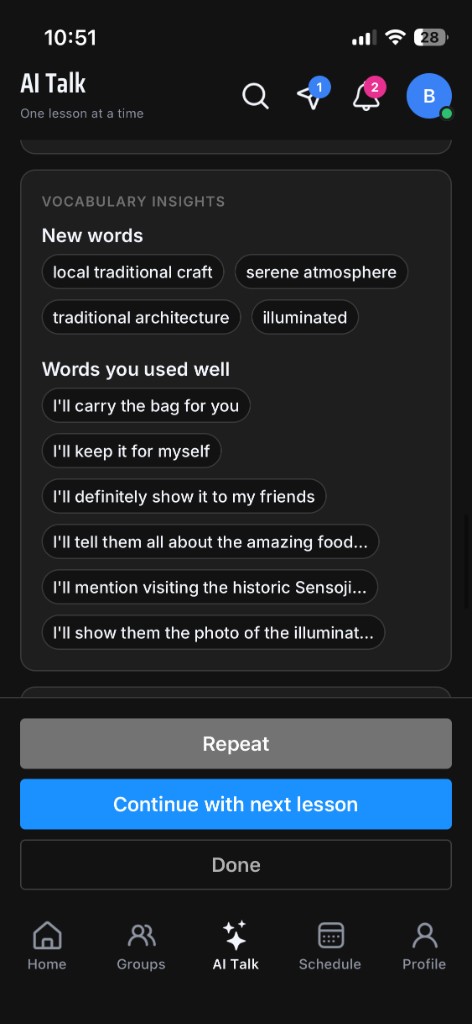 Vocabulary insights: new words from the talk, and phrases you used well.